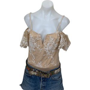 Nbd Aubrie Milkmaid Embroidered Bodysuit In Nude